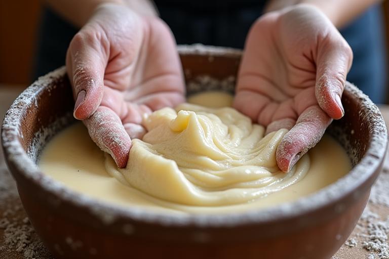 Boulanger manipulant le levain naturel dans un bol