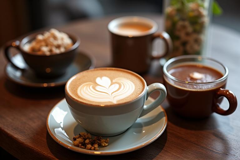 Diverses tasses de cafés de spécialité, une théière élégante, et un chocolat chaud gourmand, présentés sur une table en bois clair avec un décor floral discret.