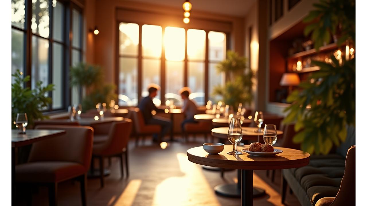 Intérieur chaleureux et élégant du café de la Boulangerie Ciel, avec des clients dégustant des pâtisseries et du café près d'une grande fenêtre donnant sur une rue parisienne animée du Marais.