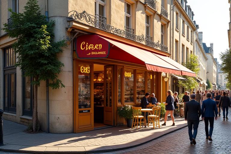 Une vue extérieure charmante de la Boulangerie Ciel, située dans une rue pavée du Marais parisien avec des bâtiments historiques et des passants, montrant l'entrée du café accueillante.