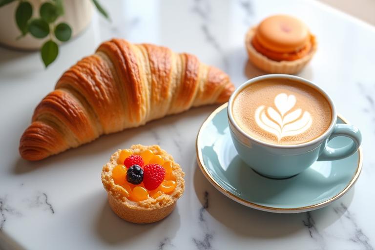 Un croissant doré beurré, une tasse de cappuccino avec une latte art en forme de feuille, et une tartelette aux fruits frais, le tout disposé élégamment sur une table en marbre dans l'ambiance lumineuse du café.