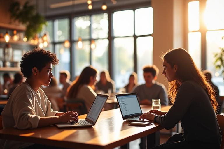 Un espace lumineux dans le café de la Boulangerie Ciel, avec des tables en bois où des personnes travaillent sur des ordinateurs portables, buvant du café, et une connexion Wi-Fi symbolisée par une icône sur un écran.
