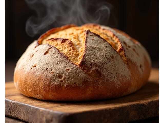 Un pain au levain fraîchement sorti du four, doré et croustillant, prêt à être dégusté.