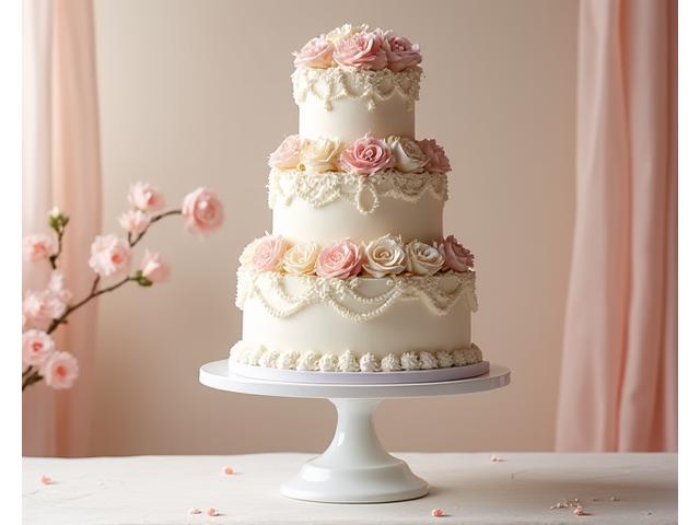Un gâteau de mariage élégamment décoré avec des fleurs en sucre délicates, posé sur un support en bois rustique.