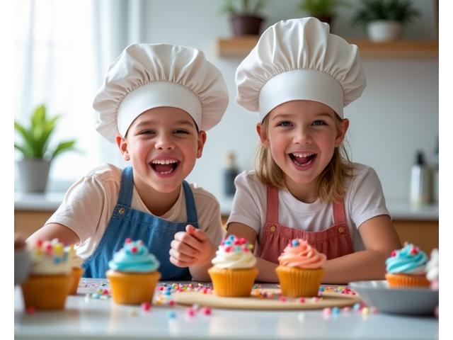 Deux enfants souriants portant des toques de chef, décorant joyeusement des cupcakes avec du glaçage coloré et des paillettes.