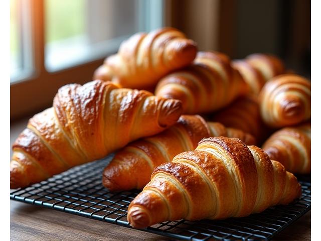Croissants feuilletés dorés et brillants, empilés sur une assiette, avec des pépites de chocolat visibles.