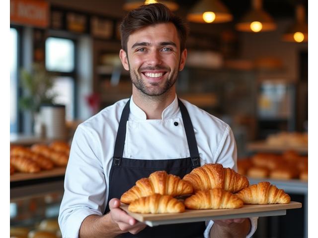 Portrait souriant d'Antoine Lefevre, chef viennoisier, tenant un plateau de croissants fumants.