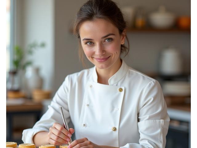 Portrait souriant de Sophie Leclerc, chef pâtissière, décorant avec délicatesse un gâteau complexe.