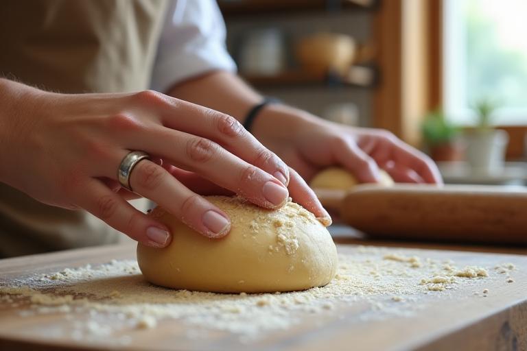 Mains d'un chef boulanger guidant celles d'un participant pour façonner une pâte à pain sur une cuisine en bois claire et chaleureuse.