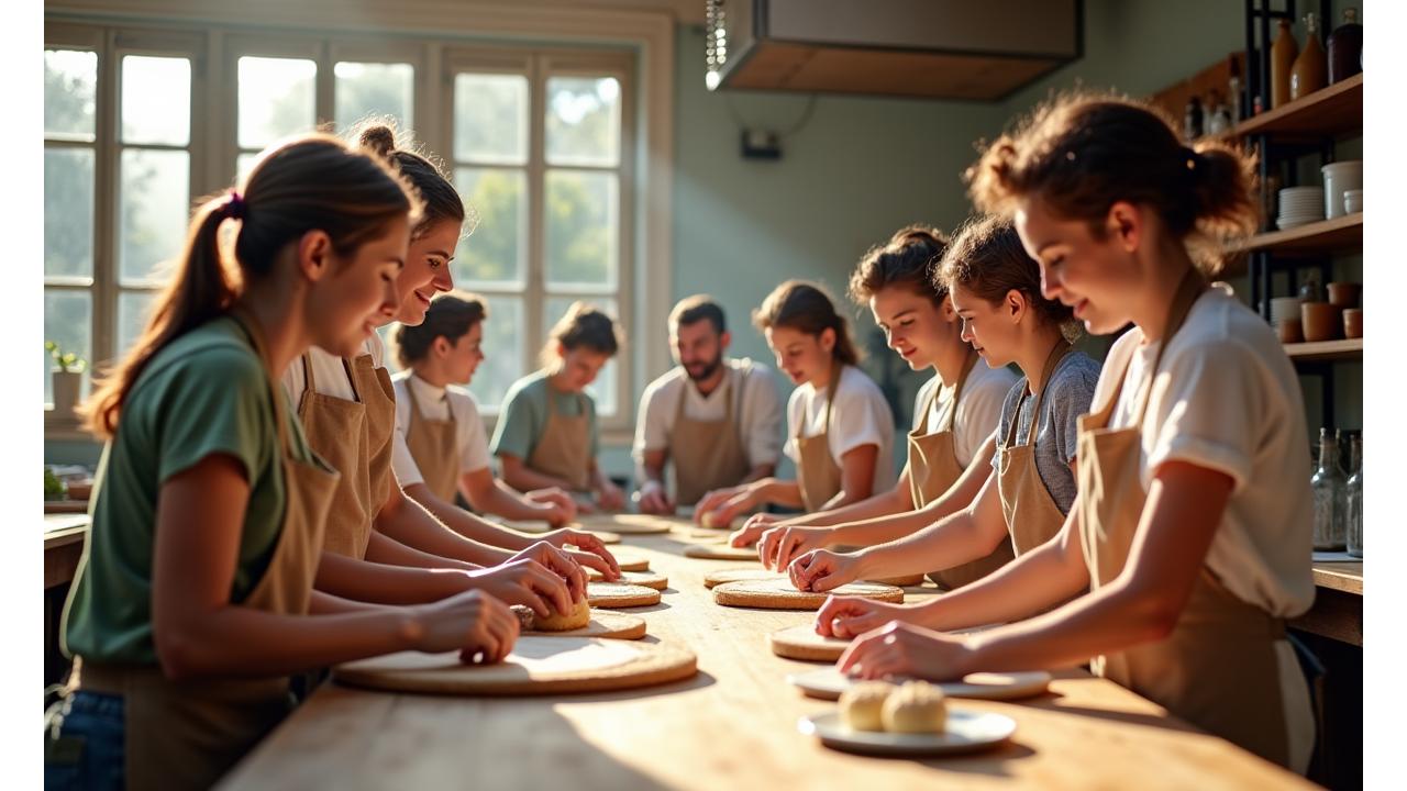 Apprenez à Pâtisser et Boulanger. Video d'un atelier culinaire en cours avec des participants souriants et engagés, apprenant à pétrir du pain sous la supervision d'un chef.