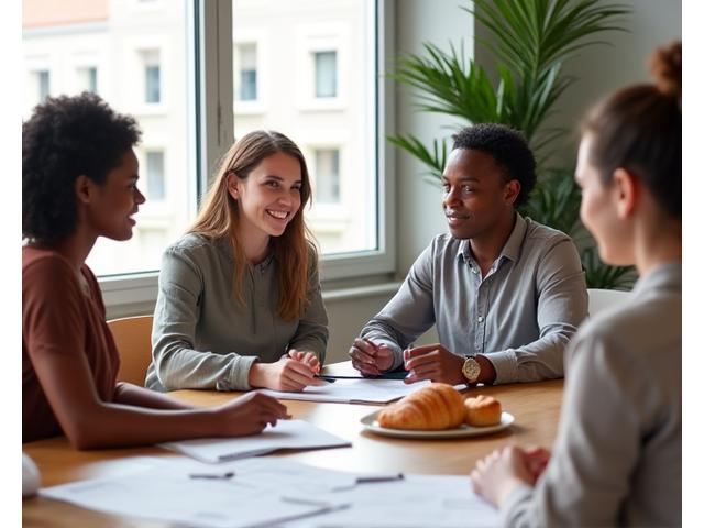 Deux professionnels en discussion autour d'une table avec des échantillons de produits de boulangerie et des documents