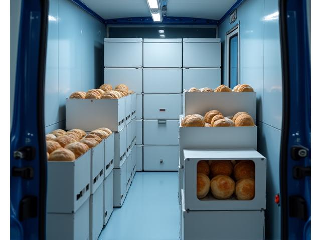 Vue de l'intérieur d'un camion de livraison réfrigéré rempli de boîtes de boulangerie fraîche