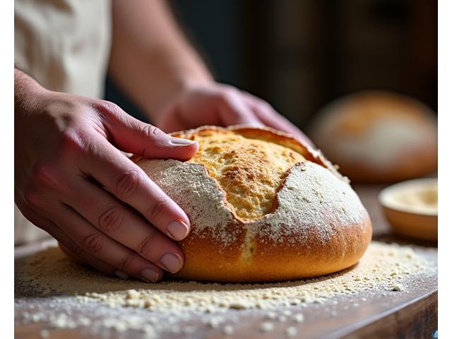 Mains d'un boulanger professionnel vérifiant la texture d'une pâte à pain