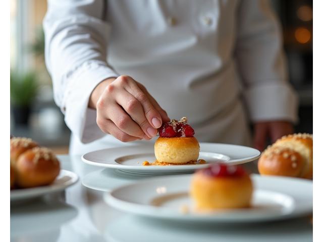 Chef pâtissier présentant des desserts individuels élégants pour un service en restaurant