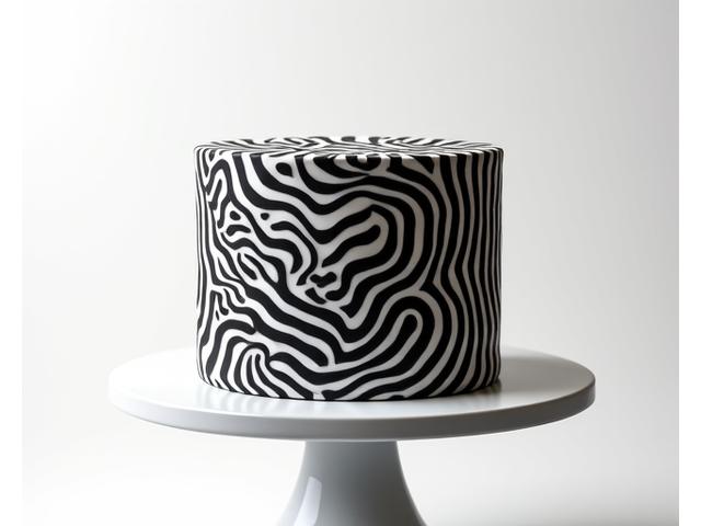 Gâteau illusion avec un motif optique hypnotisant en noir et blanc qui semble bouger.