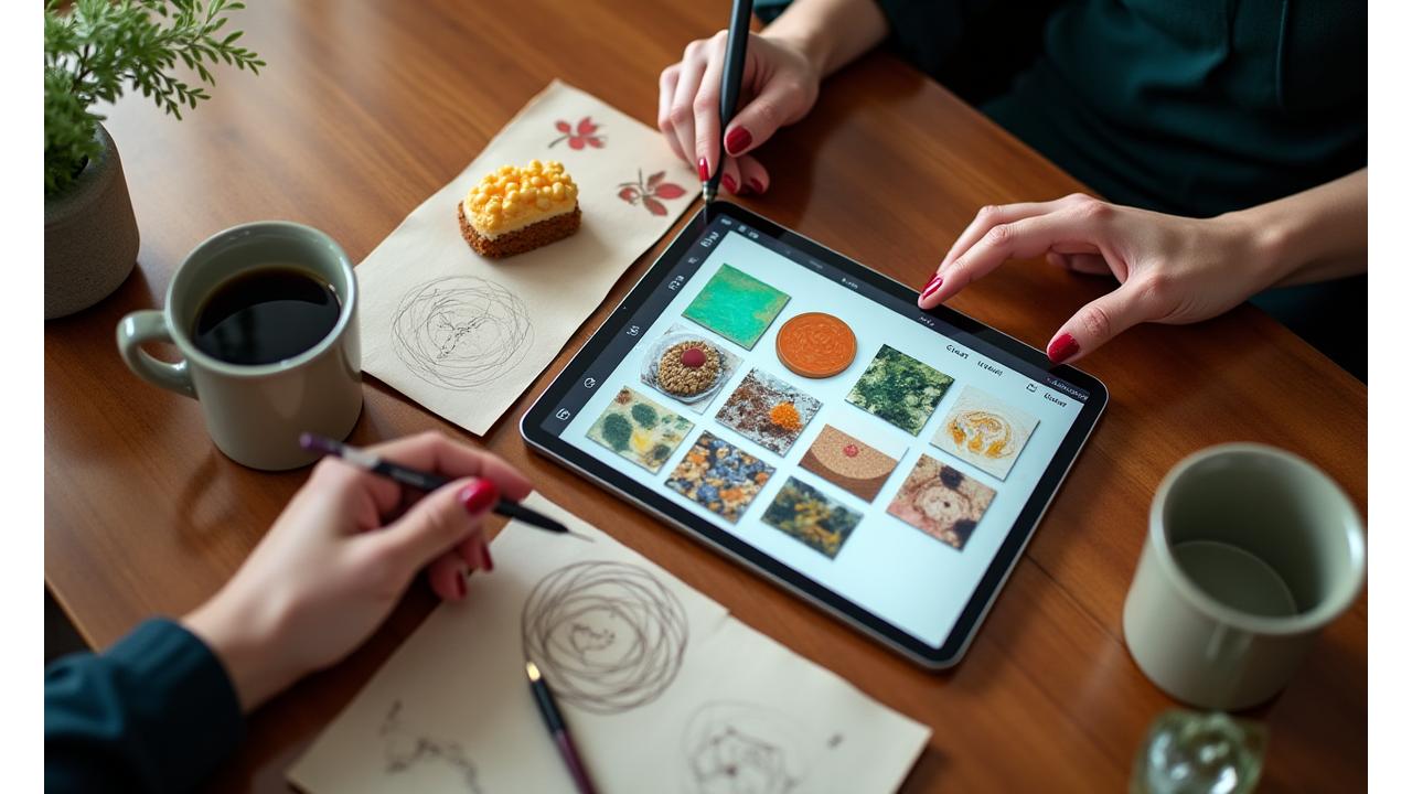 Gros plan sur une tablette affichant un mood board de gâteaux illusion, avec des mains travaillant sur un croquis à côté, dans une ambiance de brainstorming.