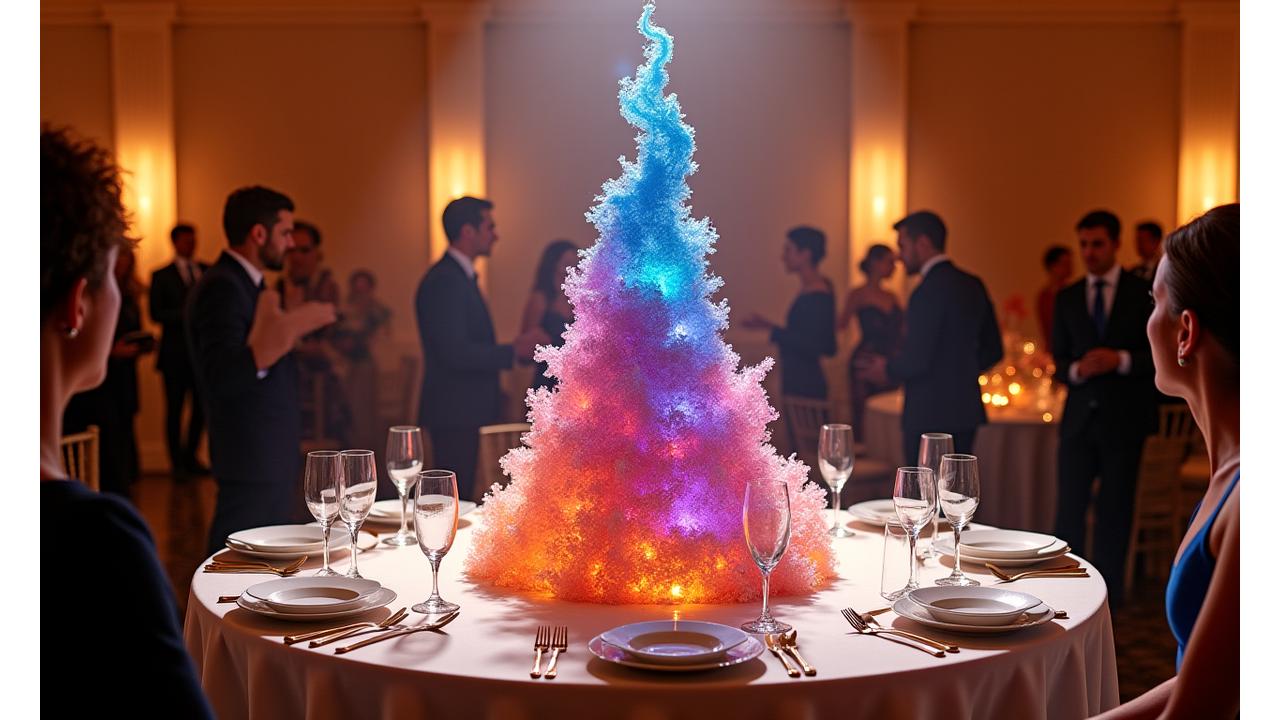Un gâteau illusion spectaculaire au centre d'une table d'événement élégamment décorée, sous les projecteurs, avec des invités émerveillés autour.