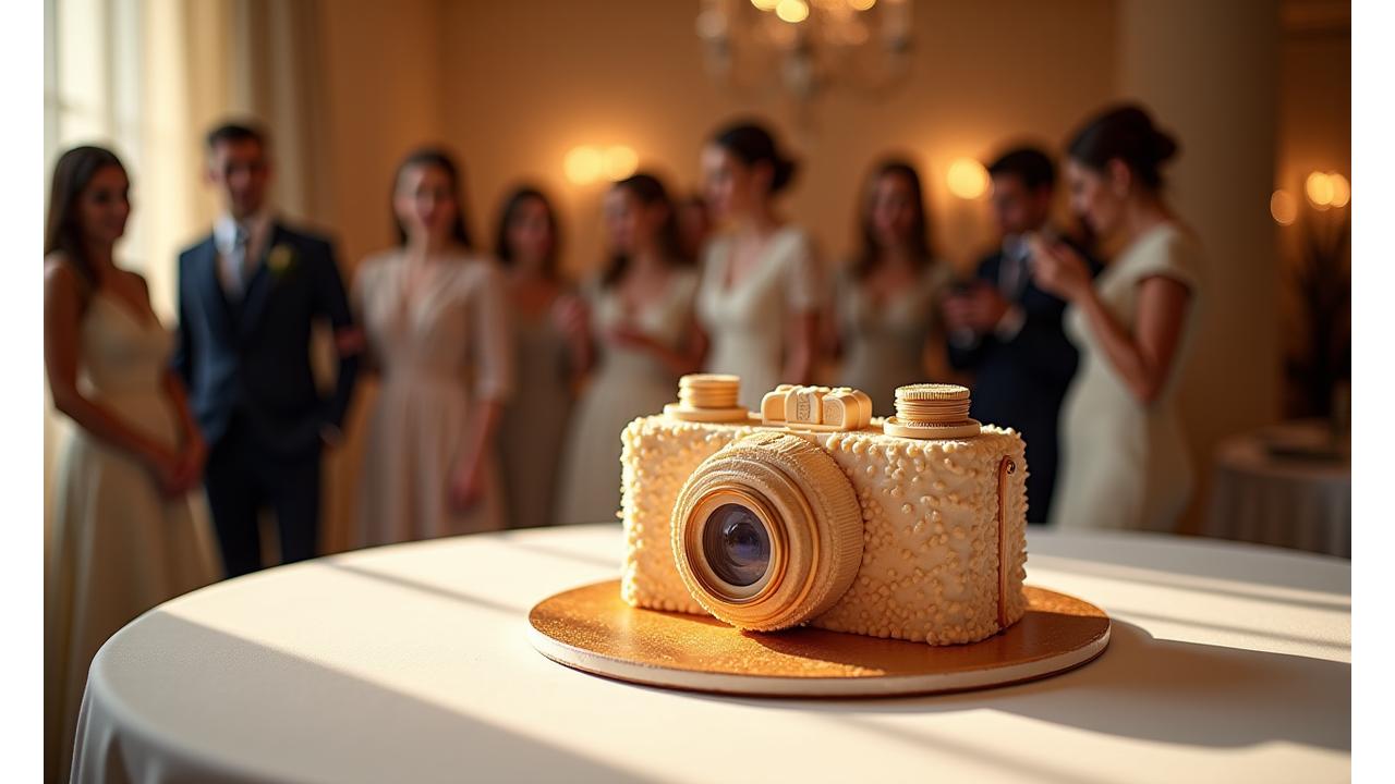Gâteau illusion incroyable ressemblant à un objet du quotidien, posé sur une table chic, avec des convives ébahis en arrière-plan.