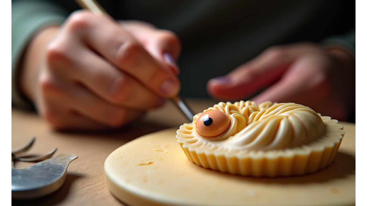 Gros plan sur les mains d'un pâtissier travaillant méticuleusement sur les détails d'un gâteau illusion, avec des outils spécialisés.