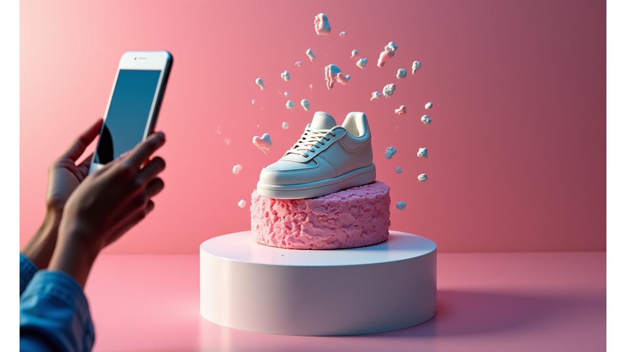 Gâteau illusion en forme d'une paire de baskets de marque posée sur un socle, photographié avec un smartphone pour les réseaux sociaux, avec des icônes de likes et partages flottant.
