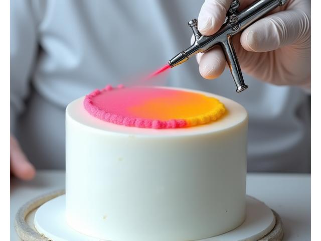 Main d'un artiste pâtissier utilisant un aérographe pour ajouter des touches de couleur dégradées sur un gâteau blanc en arrière-plan.