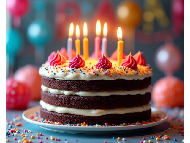 Gâteau d'anniversaire coloré et joyeux avec des bougies allumées et des confettis en sucre, parfait pour une célébration.