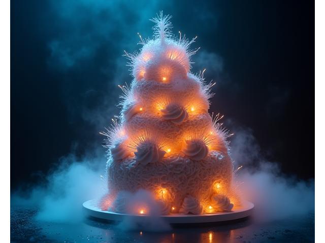 Gâteau décoré avec des lumières LED intégrées simulant des étoiles brillantes et un effet de fumée sèche pour une ambiance magique.