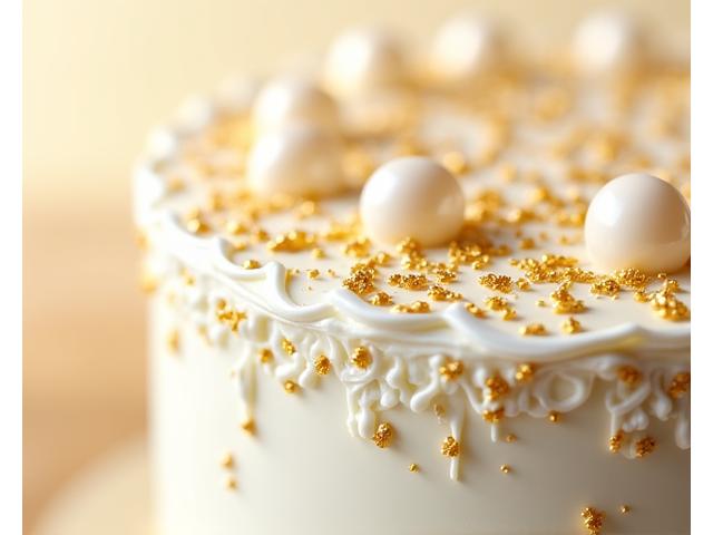 Gros plan d'un gâteau avec des finitions dorées à la feuille d'or, des détails de dentelle en sucre et des perles comestibles, illustrant le luxe.