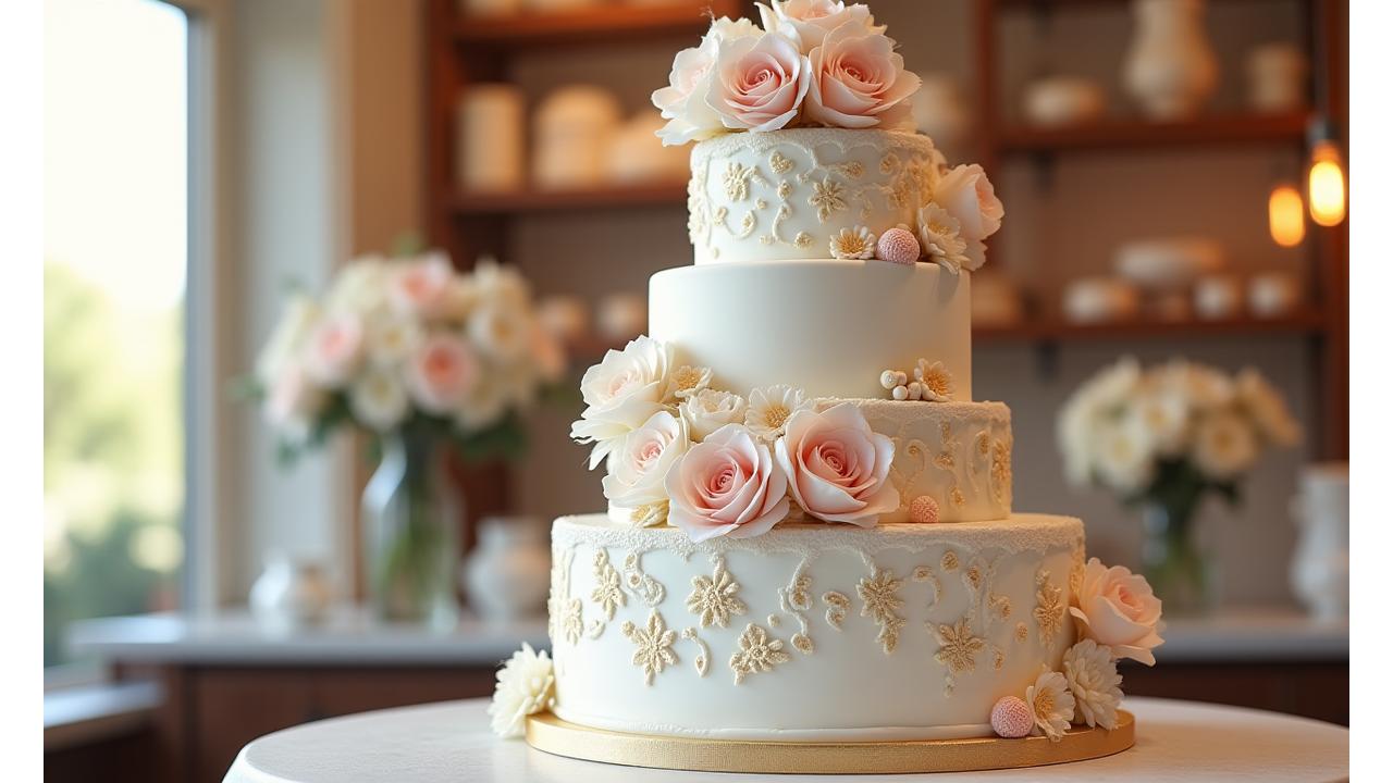 Gâteau de mariage spectaculaire et entièrement personnalisé avec détails floraux délicats et dorés.