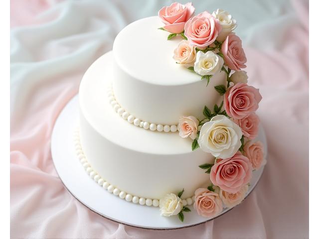 Gâteau de mariage à plusieurs étages, blanc immaculé avec des roses fraîches et une élégante cascade de perles comestibles.