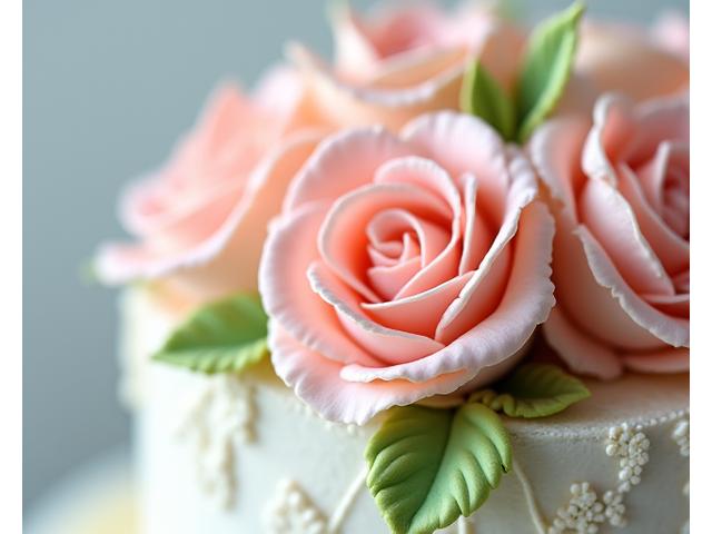 Détail de roses miniatures en pâte à sucre aux couleurs vives, d'une grande finesse.