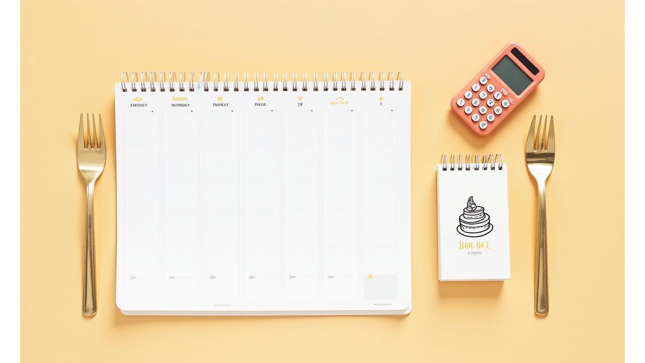 Illustration d'un calendrier et d'une balance symbolisant la planification et les tarifs pour les gâteaux sur mesure.