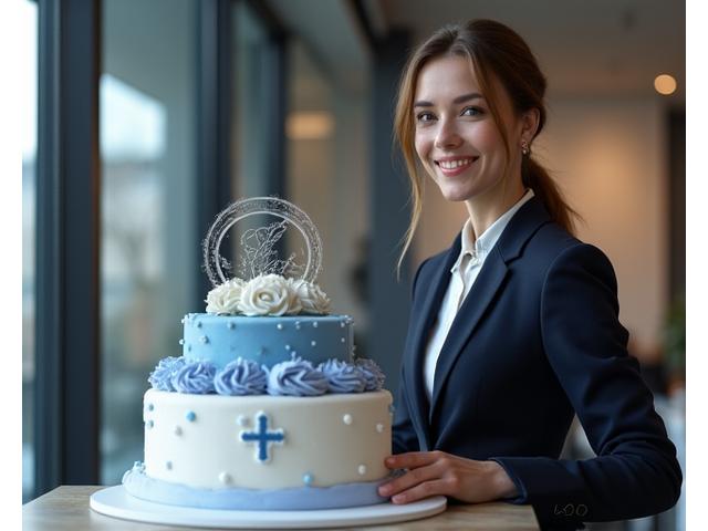 Dirigeante d'entreprise posant fièrement à côté d'un gâteau d'inauguration stylisé avec le logo de sa société.