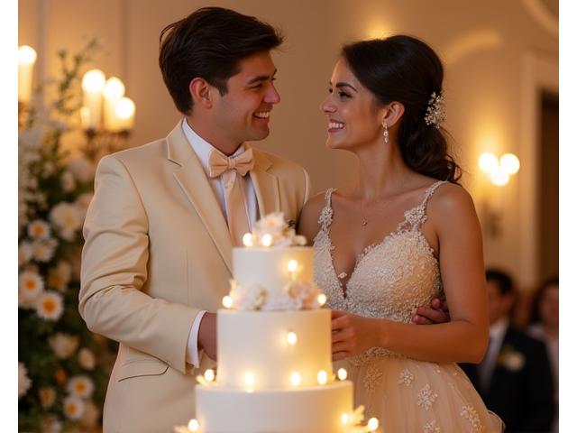 Jeune couple souriant devant leur magnifique gâteau de mariage à la Boulangerie Ciel.