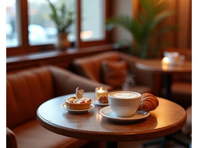 Intérieur d'un café confortable avec des pâtisseries et du café