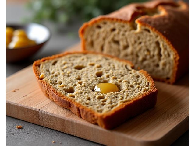 Des tranches de pain bien-être artisanales avec une mie riche et des graines, préparées pour une dégustation élégante sur une planche en bois.