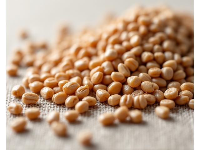 Gros plan sur des grains d'épeautre et de kamut, mettant en évidence leur texture naturelle et riche.