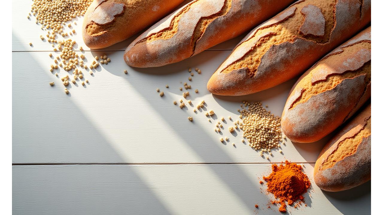 Assortiment de pains bien-être et nutritionnels sur une table en bois clair, avec des ingrédients fonctionnels comme des graines de chia et du quinoa en arrière-plan.