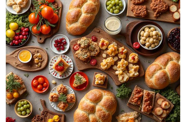 Buffet varié avec pains, fromages, charcuteries et pâtisseries