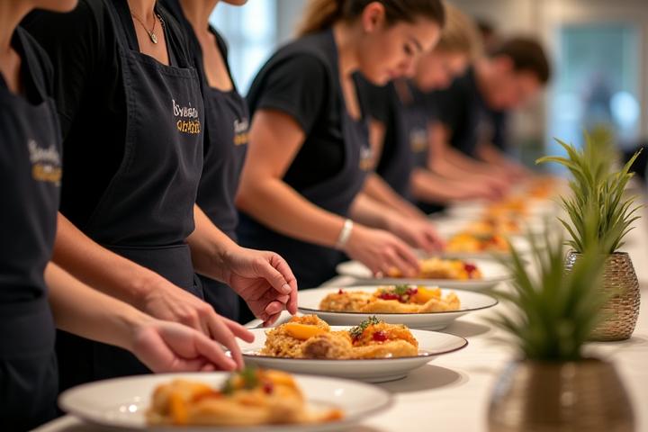 Équipe de traiteur professionnelle en uniforme préparant un événement
