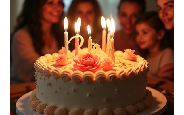 Grand gâteau d'anniversaire décoré avec bougies étincelantes au centre d'une fête