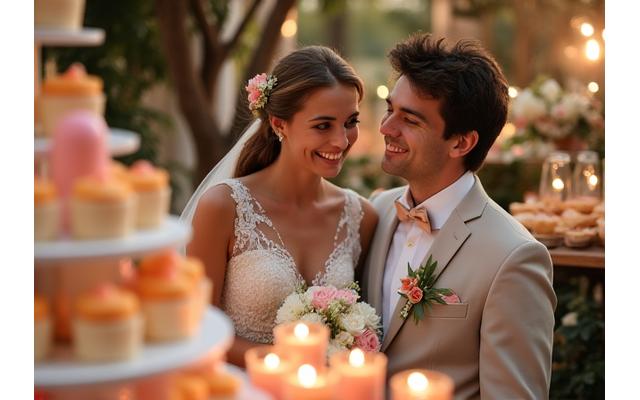 Jeunes mariés heureux devant un buffet de desserts de mariage