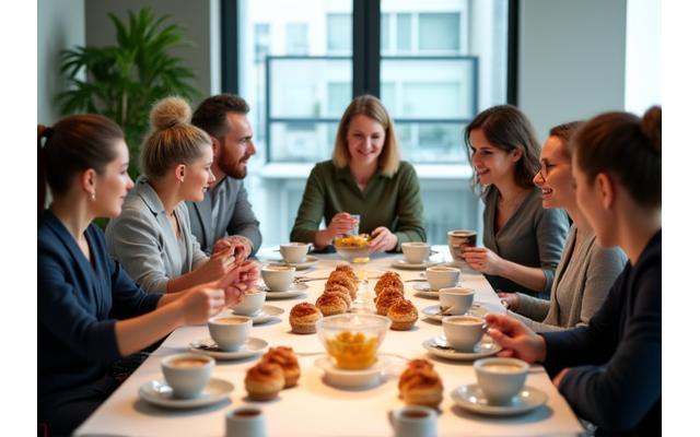 Groupe de professionnels souriants pendant une pause café avec viennoiseries élégantes